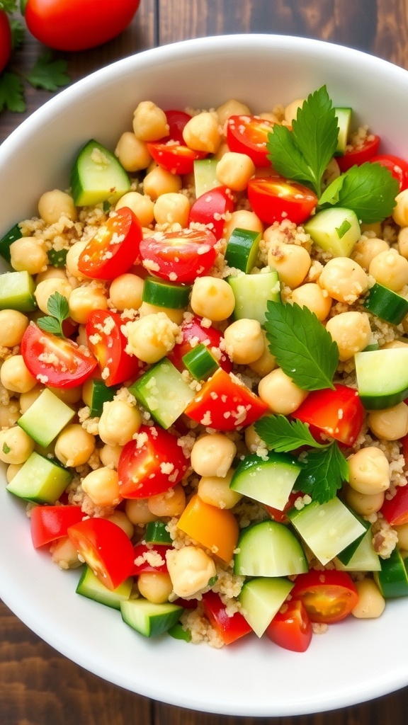 A colorful chickpea quinoa salad with cucumbers, tomatoes, bell peppers, and parsley in a bowl on a rustic table.